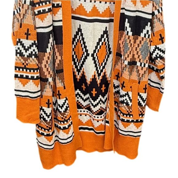 Serra Women Aztec Open Front Cardigan Sweater L Orange & Black Pockets Southwest - Picture 3 of 5